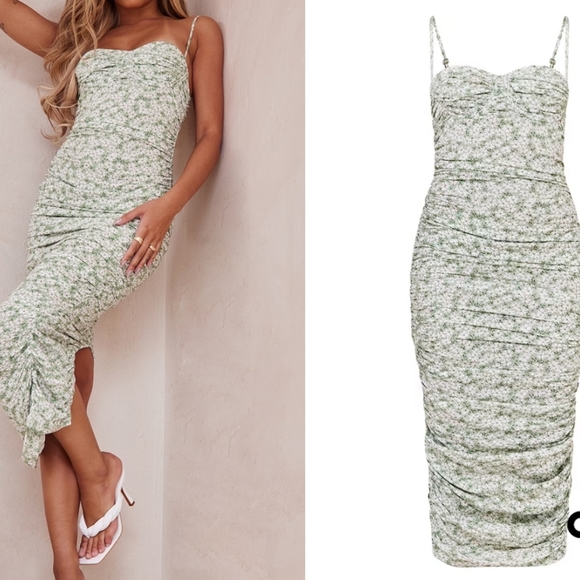PrettyLittleThing Green Floral Print Detail Ruched Midaxi Dress Size - Picture 3 of 7